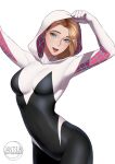  1girl absurdres blonde_hair blue_eyes bodysuit breasts gantsuki gwen_stacy highres hood hooded_bodysuit large_breasts looking_at_viewer marvel medium_hair smile solo spider-gwen spider-man_(series) spider_web_print superhero 