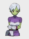  1girl bodysuit breasts cheelai dragon_ball dragon_ball_super dragon_ball_super_broly gloves grey_background kemachiku large_breasts looking_down looking_to_the_side pink_eyes purple_bodysuit short_hair simple_background solo white_gloves white_hair 
