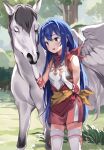  1girl :d animal bandana bare_shoulders blue_hair blush breasts caeda_(fire_emblem) commentary_request elbow_gloves fingerless_gloves fire_emblem fire_emblem:_shadow_dragon gloves hair_between_eyes highres lamb_(hitsujiniku) long_hair outdoors red_skirt skirt small_breasts smile solo standing thighhighs tree very_long_hair white_gloves white_thighhighs winged_unicorn 