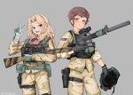  2girls american_flag blonde_hair blue_eyes brown_eyes brown_hair camouflage commission girls_und_panzer gun helmet highres holding holding_gun holding_helmet holding_weapon houshou8 kay_(girls_und_panzer) long_hair multiple_girls naomi_(girls_und_panzer) short_hair tactical_clothes teeth twitter_username upper_teeth_only v weapon 