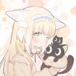  1girl animal animal_ears arknights black_cat blonde_hair blush cardigan cat cherry1209 closed_mouth colored_tips commentary_request crossover fox_ears fox_girl green_eyes heixiu holding holding_animal long_sleeves looking_at_viewer luo_xiaohei luo_xiaohei_zhanji multicolored_hair neck_ribbon one_eye_closed puffy_long_sleeves puffy_sleeves red_ribbon ribbon shirt suzuran_(arknights) two-tone_hair upper_body white_cardigan white_hair white_shirt 