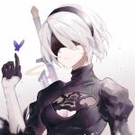  1girl 2b_(nier:automata) black_blindfold black_dress black_gloves black_hairband blindfold breasts bug bujianchuan1 butterfly cleavage_cutout closed_mouth clothing_cutout commentary dress facing_viewer gloves hairband highres juliet_sleeves long_sleeves medium_breasts mole mole_under_mouth nier:automata nier_(series) puffy_sleeves purple_butterfly short_hair simple_background solo sword sword_on_back upper_body weapon weapon_on_back white_background white_hair 