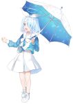  1girl absurdres arona_(blue_archive) blue_archive blue_eyes blue_hair blue_halo blue_shirt choker colored_inner_hair eyes_visible_through_hair full_body hair_over_one_eye halo highres holding holding_umbrella long_sleeves multicolored_hair open_mouth pink_hair pleated_skirt sailor_collar shirt shoes short_hair skirt smile solo transparent_background umbrella upper_body white_choker white_footwear white_sailor_collar white_skirt wjddn 