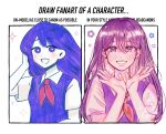  1girl absurdres aubrey_(omori) blush commentary draw_fanart_challenge english_commentary highres long_hair multiple_views neckerchief nuarle omori purple_eyes purple_hair purple_sweater_vest red_neckerchief short_sleeves smile sweater_vest teeth 