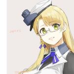  9-ga blonde_hair blue_ribbon blunt_bangs dated green_eyes grey_background hat kantai_collection long_hair military_uniform navy_cross neck_ribbon northampton_(kancolle) northampton_kai_(kancolle) parted_lips peaked_cap ribbon semi-rimless_eyewear simple_background smile uniform upper_body white_headwear 