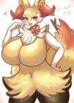  &lt;3 anthro big_breasts black_body black_fur blush braixen breasts canid canine chest_tuft curvaceous curvy_figure featureless_breasts female fur generation_6_pokemon gesture hi_res huge_breasts in_pnj japanese_text kemono mammal navel neck_ribbon nintendo nude open_mouth open_smile pawpads paws pointing pointing_at_self pokemon pokemon_(species) red_eyes ribbons simple_background smile solo text thick_thighs translated tuft voluptuous white_background white_body white_fur yellow_body yellow_fur 