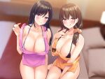  2girls apron areola_slip arm_support bare_legs bed between_legs bikini black_bikini black_hair blurry blurry_background blush breasts brown_eyes brown_hair cleavage closed_mouth collarbone covered_nipples hair_ornament hair_over_shoulder hair_scrunchie hand_between_legs highres indoors large_breasts licking_lips long_hair looking_at_viewer multiple_girls non-web_source on_bed orange_apron original pillow purple_apron purple_background purple_eyes scrunchie sitting smile super_nagoyaka swimsuit take_your_pick tongue tongue_out 