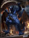  2023 anthro aroused balls belt black_penis blue_body bottomwear brick bulge burning_building castle chest_tattoo claws clothing dark_sky debris demigod destruction detailed_background digital_media_(artwork) dragon erection facial_horn fire genitals glowing glowing_eyes hi_res horn humanoid_genitalia humanoid_penis looking_at_viewer male membrane_(anatomy) membranous_wings muscular muscular_anthro muscular_male night nude obfuscator open_mouth pecs penile_spines penis plated_scales red_eyes rei_miguel ruined_building ruins scalie sky smile smiling_at_viewer smirk smirking_at_viewer solo spiked_tail spikes spikes_(anatomy) standing tail tall tattoo teeth toe_claws tongue tongue_out wings 