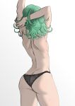  1girl absurdres arm_behind_head ass back bare_arms black_panties breasts commentary cowboy_shot curly_hair english_commentary from_behind green_hair hands_up highres long_sleeves medium_hair one-punch_man panties redi_(rasec_asdjh) ribs sideboob simple_background skinny small_breasts solo standing stretching tatsumaki thighs topless underwear underwear_only variant_set white_background 