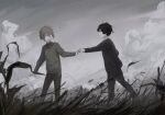  2boys black_hair black_pants black_shirt charles_eyler closed_eyes closed_mouth facing_another facing_back grey_hair grey_shirt greyscale hello_charlotte highres long_sleeves male_focus monochrome multiple_boys open_mouth pale_skin pants shirt short_hair smile suzume_pipii vincent_wordsworth 