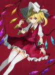  1girl blonde_hair breasts closed_mouth collared_shirt crystal feet_out_of_frame flandre_scarlet frilled_skirt frills hat highres looking_at_viewer medium_hair mob_cap multicolored_wings neck_ribbon one_side_up psyren2 puffy_short_sleeves puffy_sleeves red_background red_eyes red_skirt red_vest ribbon shirt short_sleeves simple_background skirt skirt_set small_breasts solo thighhighs touhou vest white_headwear white_shirt white_thighhighs wings wrist_cuffs yellow_ribbon zettai_ryouiki 