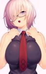  1girl 846-gou absurdres bare_arms bare_shoulders black-framed_eyewear black_dress blush bob_cut breasts collared_shirt covered_nipples dress fate/grand_order fate_(series) glasses hair_over_one_eye highres huge_breasts lips looking_at_viewer mash_kyrielight necktie open_mouth pink_background pink_hair purple_eyes red_necktie shirt simple_background solo upper_body white_shirt 