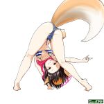  1girl :d all_fours animal_ears arm_support ass bare_legs barefoot bikini black_hair blue_archive breasts brown_eyes butt_crack cleavage collarbone commentary_request denim denim_shorts eyeshadow flexible forehead fox_ears fox_girl fox_shadow_puppet fox_tail from_behind grin halo highres izuna_(blue_archive) izuna_(swimsuit)_(blue_archive) kenatosne looking_at_viewer looking_back makeup medium_hair navel official_alternate_costume red_scarf scarf short_shorts shorts sidelocks simple_background smile soles solo stomach striped striped_bikini swimsuit tail tiptoes toes white_background 