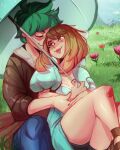  1boy 1girl blue_dress blush boku_no_hero_academia brown_eyes brown_hair brown_jacket comforting couple dress flower green_eyes green_hair highres hug hug_from_behind imaniiarts jacket looking_at_another midoriya_izuku pink_flower pink_lips red_flower short_hair smile umbrella uraraka_ochako 