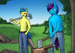  anthro apocheck13 axe bottomwear clothed clothing denim denim_clothing duo equid equine flash_gordon hi_res horn horse jeans male mammal outside pants pony shirtless topless topless_male unicorn wood 