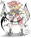  1girl alternate_costume black_capelet black_footwear blonde_hair boots capelet character_name crystal dress fang fangs flandre_scarlet frilled_dress frills full_body hat hat_ornament hat_ribbon highres holding holding_weapon laevatein_(touhou) looking_at_viewer mikairu_heven red_dress red_eyes red_headwear ribbon side_ponytail simple_background sketch skull skull_hat_ornament slit_pupils smile solo touhou weapon white_background wings 
