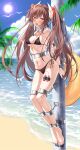  1girl absurdres arms_behind_back ass azur_lane bare_shoulders barefoot beach bikini bird black_bikini blue_sky blush bound breasts brown_hair chain chained cleavage cloud cloudy_sky collarbone commentary cuffs day devil_heavens drooling feet full_body furrowed_brow groin hair_between_eyes hair_ornament hair_scrunchie half-closed_eyes halterneck haruna_(azur_lane) heavy_breathing highres horns immobilization innertube legs_together lens_flare long_hair looking_at_viewer medium_breasts moaning navel ocean open_mouth outdoors palm_leaf palm_tree pole red_eyes red_scrunchie restrained saliva scrunchie sex_toy shackles shadow side-tie_bikini_bottom sidelocks sky solo stationary_restraints stomach string_bikini sun sweat swimsuit tape teeth tongue tongue_out tree twintails underboob upper_teeth_only vibrator water 
