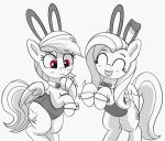  2023 blush blush_lines bow_tie bunny_costume clothing costume cutie_mark duo equid equine eyelashes eyes_closed fake_ears fake_rabbit_ears feathered_wings feathers female feral fluttershy_(mlp) friendship_is_magic grey_background greyscale hair hasbro hi_res mammal mane monochrome my_little_pony pabbley pegasus pink_eyes rainbow_dash_(mlp) simple_background suit tail wings 