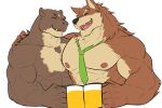  2018 5_fingers abs alcohol anthro bamwuff beer beer_glass beverage brown_body brown_fur canid canine canis cheers claws drks duo eyes_closed finger_claws fingers friday_(friday_otter) fur green_necktie hands_behind_head hi_res male male/male mammal muscular muscular_anthro muscular_male mustelid necktie nipples otter pecs spots spotted_body spotted_fur tan_body tan_fur whiskers wolf 