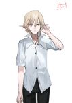  1boy black_pants blonde_hair chihuri collarbone collared_shirt dress_shirt elezen elf final_fantasy final_fantasy_xiv green_eyes hair_between_eyes hand_up highres male_focus pants parted_lips pointy_ears shirt short_sleeves simple_background solo standing sun_symbol sweat translation_request white_background white_shirt zephirin_de_valhourdin 