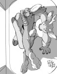  2014 anthro antlers butt deer duo eyes_closed fur greyscale hair hi_res horn lagomorph leporid logan_(pit_fighters) lying_on_another male mammal monochrome notched_ear paris_(pit_fighters) pit_fighters rabbit rick_griffin sitting sleeping tattoo 