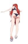  1girl ahoge ass bare_shoulders bikini black_bikini from_behind highres long_hair original partially_visible_vulva pearl_thong pussy pussy_peek red_hair sandals simple_background solo some1else45 swimsuit thighs white_background 