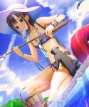  1girl abo_(kawatasyunnnosukesabu) animal bikini black_cat black_eyes black_hair breasts cat day fish_in_mouth fishing_rod hat highres holding holding_fishing_rod long_hair mouth_hold original outdoors small_breasts sunglasses swimsuit 