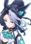  1girl animal_ears black_hair blue_eyes blush braid braided_bun breasts cleavage_cutout closed_mouth clothing_cutout hair_bun hair_ornament horse_ears horse_girl looking_at_viewer medium_breasts medium_hair mejiro_ramonu_(umamusume) mole mole_under_eye nodachi_(artist) portrait simple_background smile solo umamusume white_background 