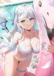  1girl bikini bird blue_nails breasts demon_girl demon_horns demon_wings detached_sleeves flamingo green_eyes highres horns inflatable_flamingo inflatable_toy jewelry large_breasts nail_polish omelet_tomato original pendant pointy_ears pool smile solo swimsuit thigh_strap water wet white_bikini white_hair wings 