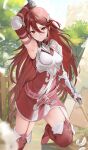  1girl arm_up armor armpits boots breastplate breasts cordelia_(fire_emblem) elbow_gloves feathers fire_emblem fire_emblem_awakening garter_straps gauntlets gloves hair_between_eyes haru_(nakajou-28) highres holding holding_polearm holding_weapon long_hair looking_at_viewer polearm red_eyes red_footwear red_gloves red_hair shoulder_armor small_breasts smile solo thigh_boots very_long_hair weapon wing_hair_ornament 