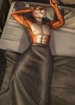  abs anthro bed bedding blanket catpumpkin felid furniture hi_res male mammal morning muscular muscular_male pantherine smile solo stretching tiger version_sfw 