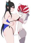 2girls absurdres ahoge ass asymmetrical_docking bare_shoulders bikini black_bikini black_hair blue_hair blush breast_press breasts clenched_hands drooling flat_chest grin heart heart-shaped_pupils highres hololive hololive_english horns kureiji_ollie large_breasts looking_at_viewer micro_bikini multicolored_hair multiple_girls myth1carts nerissa_ravencroft pink_hair red_bikini red_eyes red_hair simple_background smile swimsuit symbol-shaped_pupils two-tone_hair white_background yuri 
