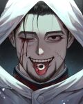  1boy absurdres beard black_eyes black_hair blood blood_from_eyes commentary_request eyeball facial_hair golden_kamuy highres hooded_coat male_focus ogata_hyakunosuke one_eye_closed panic_0525 portrait scar scar_on_cheek scar_on_face tongue tongue_out 