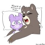  1:1 2023 anthro bear bed bedding biped black_nose blanket brown_body duo embrace eyes_closed furniture hi_res hug humanoid_hands lying mammal padre_(unicorn_wars) pillow purple_body sargento_caricias sleeping soodraw2 spanish_text text unicorn_wars 