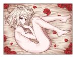  1boy ahoge androgynous ass barefoot black_eyes bob_cut curled_up double-parted_bangs fetal_position flower framed hair_between_eyes highres looking_at_viewer lying medium_hair nude ohayousan_084 on_side original otoko_no_ko pale_skin pink_nails pointy_ears rose rose_(ohayousan_084) vampire white_hair 