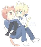  1boy 1girl 87banana ahoge animal_ears artoria_pendragon_(fate) black_leggings blonde_hair blouse blue_bow blue_pants blue_skirt bow brown_eyes brown_hair carrying cat_ears cat_tail couple emiya_shirou fate/stay_night fate_(series) green_eyes hair_bow leggings pants princess_carry raglan_sleeves saber shirt skirt socks tail white_shirt 