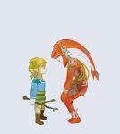  1boy 1girl aged_down artist_name brown_footwear brown_pants child colored_skin fins fish_girl from_side green_shirt highres jewelry link long_hair looking_at_another maruta_maruta mipha monster_girl multicolored_skin pants red_skin shirt simple_background the_legend_of_zelda the_legend_of_zelda:_breath_of_the_wild white_background zora 