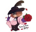  1girl adjusting_clothes adjusting_headwear black_headwear breasts brown_eyes commentary domino_mask flower foreshortening gloves hanpetos happy_birthday hat_feather holding holding_flower mask medium_breasts medium_hair okumura_haru one_eye_closed orange_hair persona persona_5 petals purple_gloves rose rose_petals smile solo upper_body 