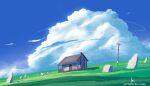  absurdres artist_name blue_sky building cloud cloudy_sky grass grasslands highres house line4x no_humans original outdoors power_lines rock scenery sky utility_pole 