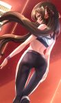  1girl blush brown_hair crop_top floating_hair from_behind hakuminhhh highres idolmaster idolmaster_cinderella_girls long_hair looking_at_viewer looking_back matoba_risa profile solo spine standing standing_on_one_leg twintails very_long_hair wristband 