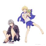  2boys ahoge barefoot black_jacket blue_jacket blue_shorts earrings full_body grey_hair holding holding_stuffed_toy idolmaster idolmaster_side-m jacket jewelry kaerre kizaki_ren legs male_focus map_(map_imas) multiple_boys pierre_bichelberger purple_eyes shirt shoes shorts sleeves_rolled_up sneakers stuffed_animal stuffed_frog stuffed_toy toenails toes white_background white_shirt yellow_eyes 