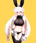  ahoge animal_ears ass_visible_through_thighs bandaged_arm bandages bare_shoulders black_gloves black_leggings black_sports_bra breasts character_request clothing_cutout contrapposto cowboy_shot crop_top dungeon_and_fighter fake_animal_ears fingerless_gloves glasses gloves highres hwaryeok large_breasts leggings long_hair low_twintails midriff navel panties rabbit_ears red-framed_eyewear red_eyes simple_background smile sports_bra standing thigh_cutout thigh_gap twintails underwear white_hair yellow_background 