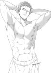  1boy abs arms_behind_head closed_mouth greyscale highres large_pectorals looking_to_the_side male_focus monochrome muscular muscular_male navel nipples om3632f pectorals sakuragi_hanamichi short_hair shorts slam_dunk_(series) smile solo topless_male twitter_username 