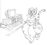  anthro black_and_white bodily_fluids bottom_heavy braces breasts cathy_(vdisco) chair cleavage clothed clothing computer computer_monitor domestic_cat eyewear felid feline felis female floppy_disk fur furniture glasses hi_res keyboard mammal medium_breasts monochrome overweight overweight_anthro overweight_female phone saliva sitting solo striped_body striped_fur stripes thick_thighs traditional_media_(artwork) vdisco wide_hips 