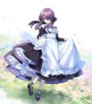  1girl ao_no_neko apron breasts center_frills clothes_lift dress dress_lift field floating_hair flower flower_field frills full_body grass hair_over_one_eye hair_ribbon highres juliet_sleeves lifted_by_self long_dress long_sleeves looking_at_viewer maid maid_apron original outdoors petals puffy_sleeves purple_hair ribbon shoes sidelocks solo standing standing_on_one_leg 