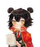  1girl :3 black_hair black_jacket cape closed_mouth collared_shirt commentary_request double_bun hair_bun highres holding holding_notepad jacket library_of_ruina long_sleeves mei_(library_of_ruina) mochigome_138 necktie notepad painting_(medium) project_moon red_cape red_nails red_necktie shirt simple_background solo tie_clip traditional_media upper_body watercolor_(medium) white_background white_shirt yellow_eyes 