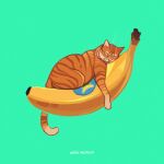  animal animal_focus artist_name banana cat closed_eyes commentary english_commentary food fruit gatoiberico green_background highres no_humans original simple_background 