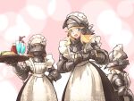  3girls :d alternate_costume apron armor black_gloves blonde_hair blue_eyes brown_eyes brown_hair cowboy_shot dress enmaided food gauntlets gloves hand_on_own_hip heart heart_hands helmet highres holding holding_tray ironlily long_hair long_sleeves looking_at_viewer maid maid_apron maid_headdress multiple_girls open_mouth original short_hair simple_background smile standing tray tropical_drink waist_apron white_apron 