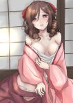  1girl absurdres bare_shoulders blush bow breasts brown_hair chest_sarashi cleavage collarbone commentary drill_hair hair_between_eyes hair_bow hair_ribbon harukaze_(kancolle) highres indoors japanese_clothes jewelry kantai_collection ken_(shutenndouji1) kimono long_hair long_sleeves looking_at_viewer medium_breasts meiji_schoolgirl_uniform off_shoulder open_clothes open_kimono open_mouth panties partially_undressed pink_kimono red_eyes ribbon ring sarashi sash shouji sitting sliding_doors solo tatami teeth twin_drills underwear undone_sarashi upper_teeth_only wedding_ring wide_sleeves 