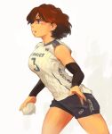  1girl ball baseball_(object) baseball_uniform black_shorts brown_hair cowboy_shot highres holding holding_ball khyle. open_mouth original print_shirt profile shirt short_hair shorts sleeveless sleeveless_shirt solo sportswear 